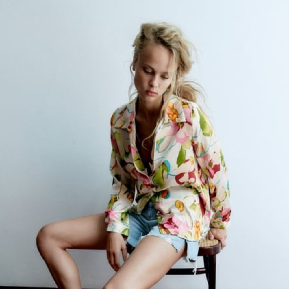 Zara Ivory Ecru Pink Floral Satin Blouse | Large - Picture 7 of 11